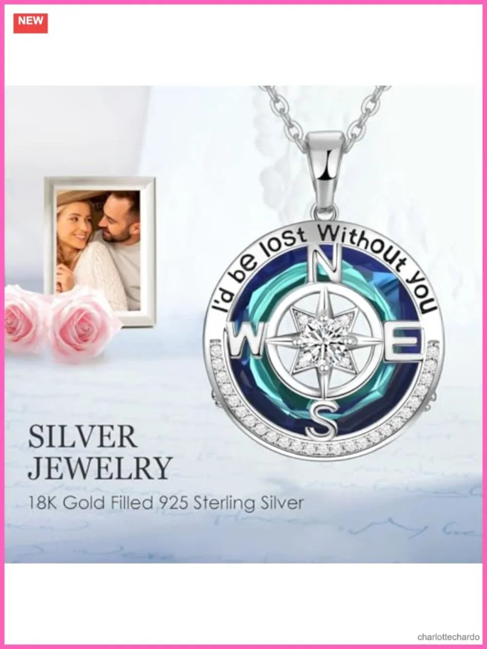 Compass Necklace 18k Real Gold Filled 925 Sterling Silver Pendant Gift for Wife